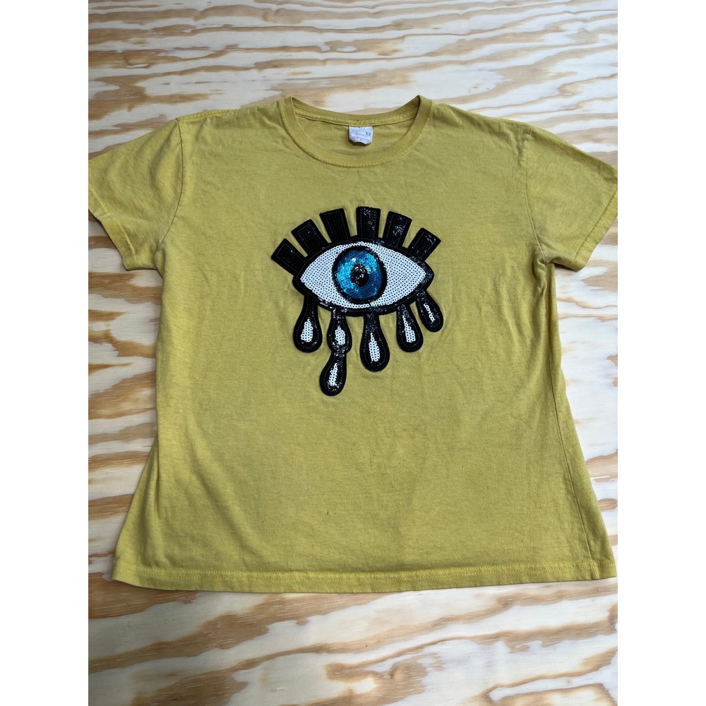 Mustard Yellow Sequin Evil Eye Graphic T-Shirt XL Cotton Short Sleeve Tee